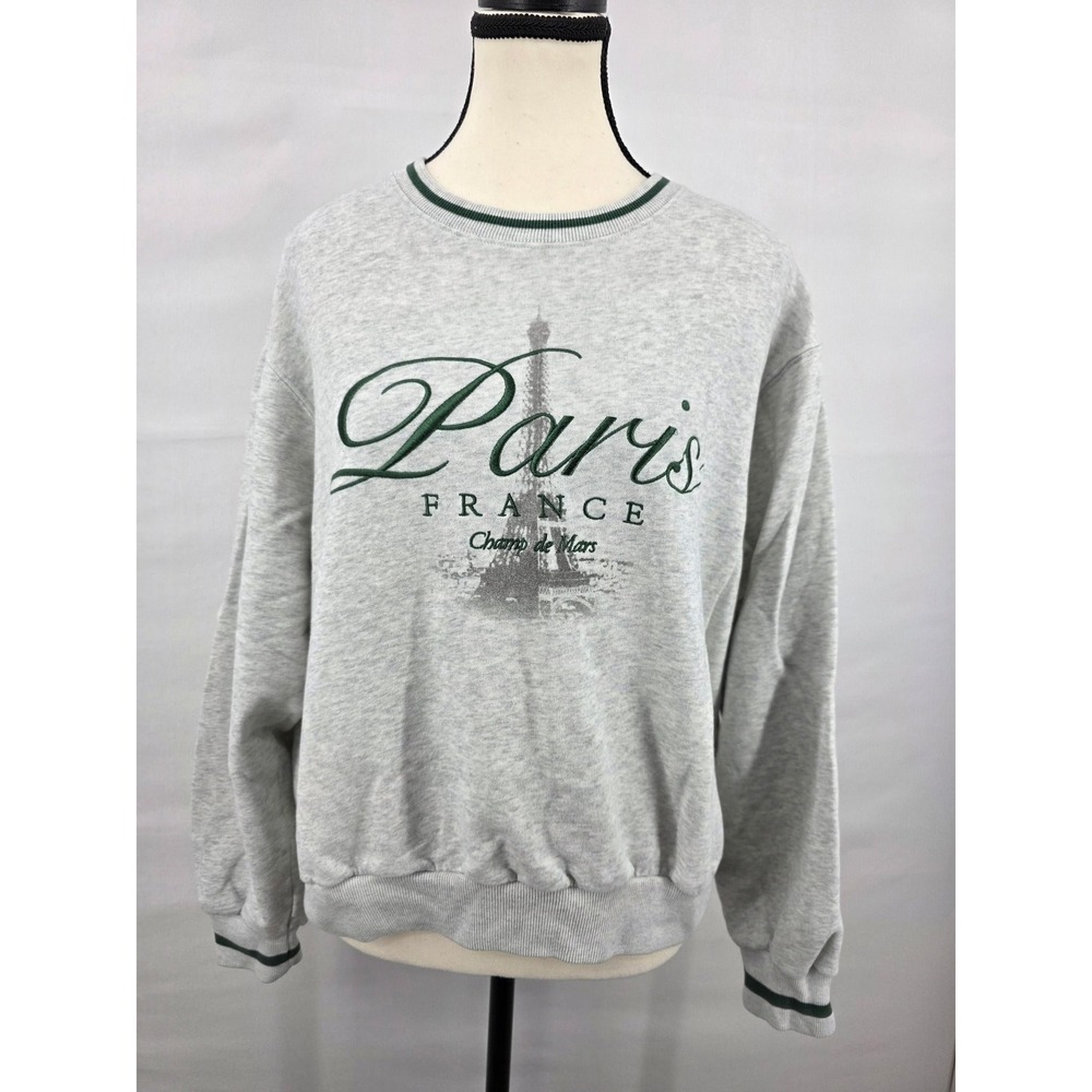 Hollister Paris France Graphic Sweatshirt Gray Green Embroidered Crewneck Small